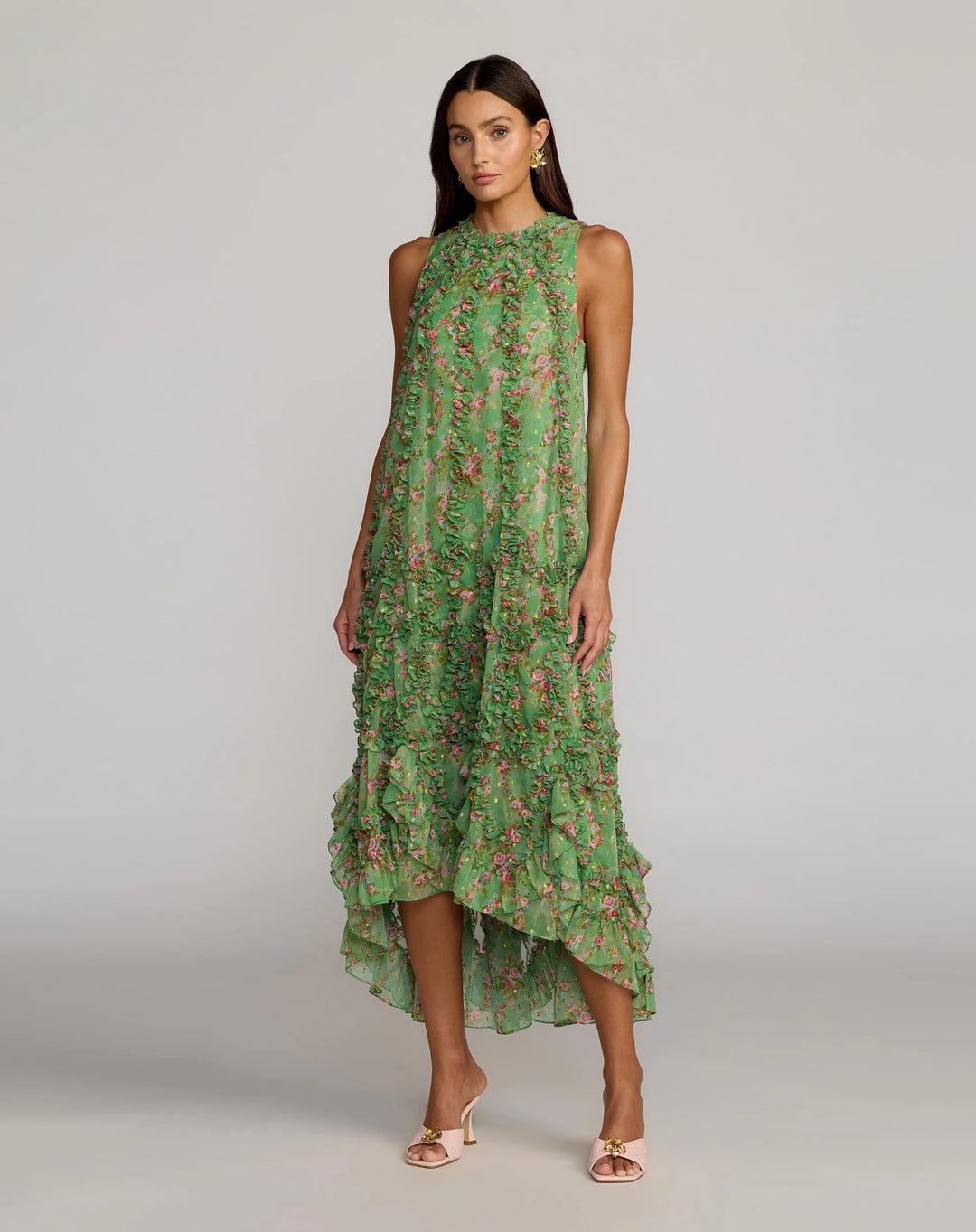 Mac Duggal 8103 Green Sleeveless Floral Chiffon Micro Ruffle Trapeze Midi Dress - FOSTANI.com