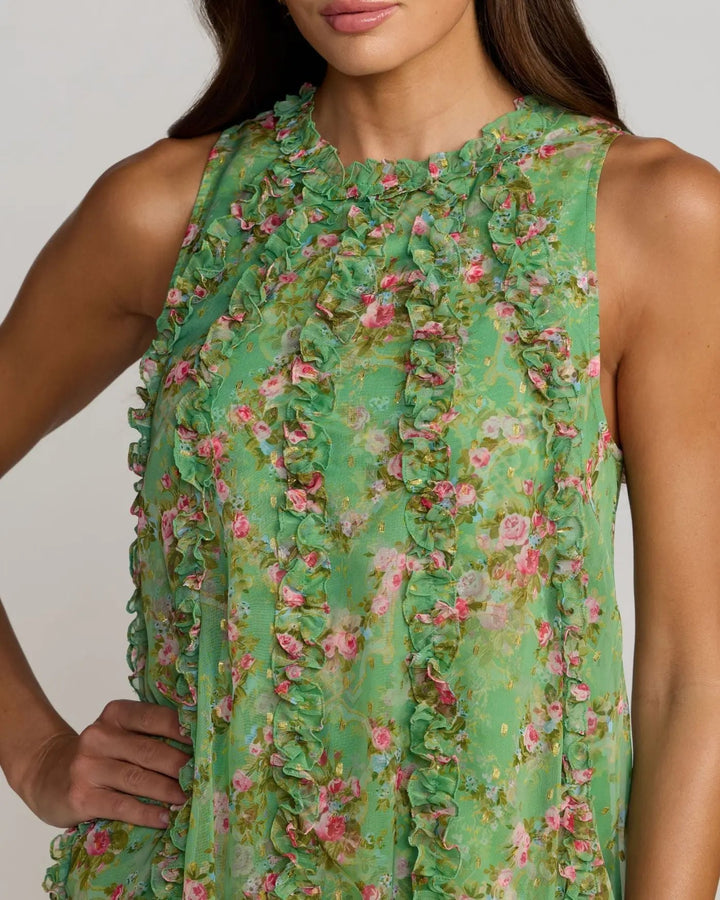 Mac Duggal 8103 Sleeveless Floral Micro Ruffle Trapeze Midi Dress
