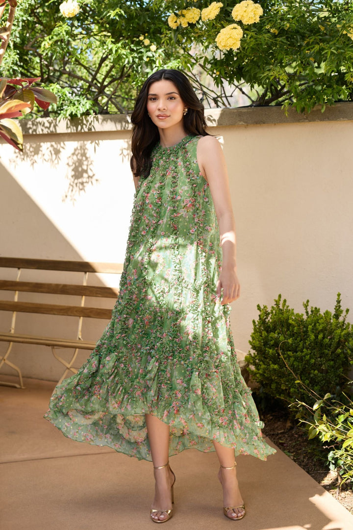 Mac Duggal 8103 Green Sleeveless Floral Chiffon Micro Ruffle Trapeze Midi Dress - FOSTANI.com