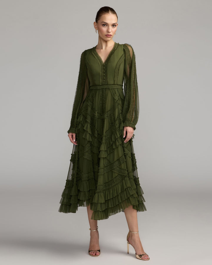 Mac Duggal 8247 Long Sleeve V-Neck Micro Ruffle Midi Dress