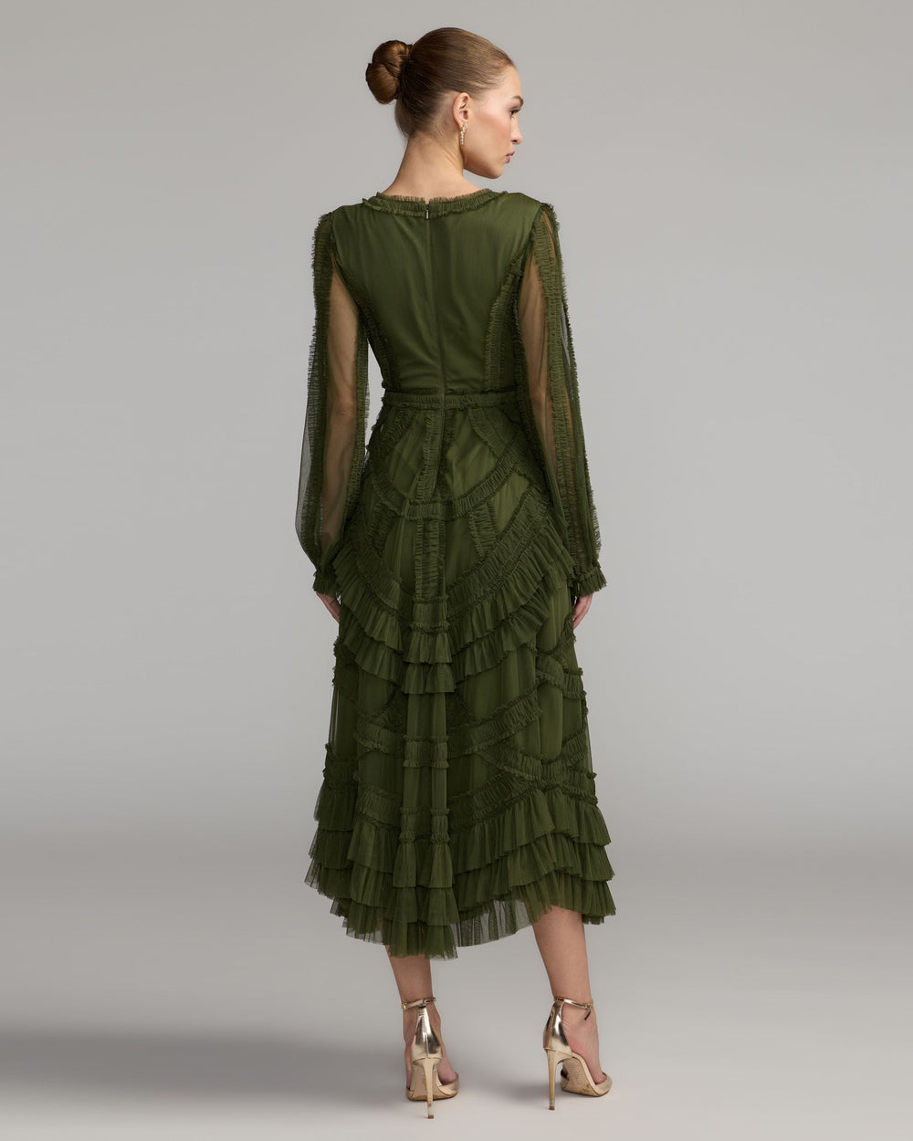 Mac Duggal 8247 Long Sleeve V-Neck Micro Ruffle Midi Dress