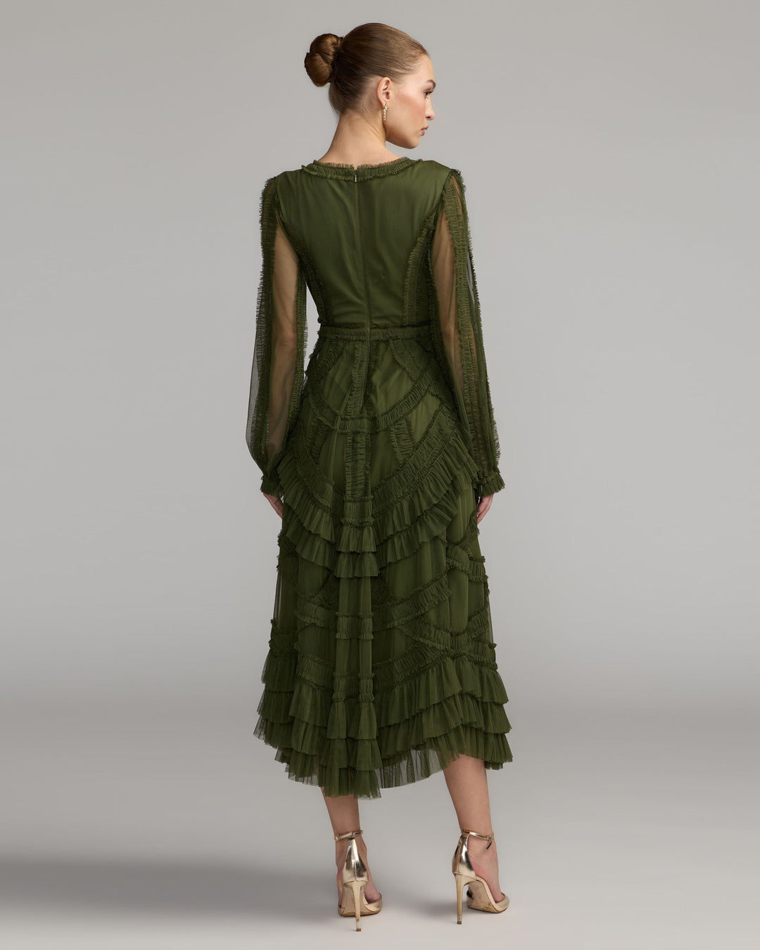 Mac Duggal 8247 Long Sleeve V-Neck Micro Ruffle Midi Dress