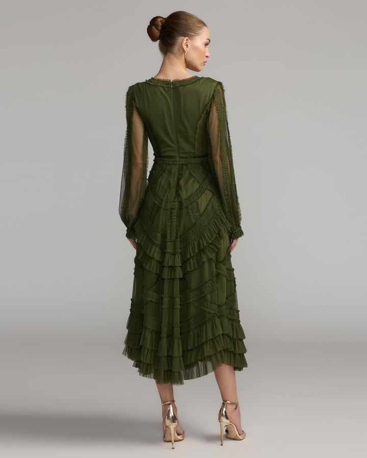 Mac Duggal 8247 Long Sleeve V-Neck Micro Ruffle Midi Dress