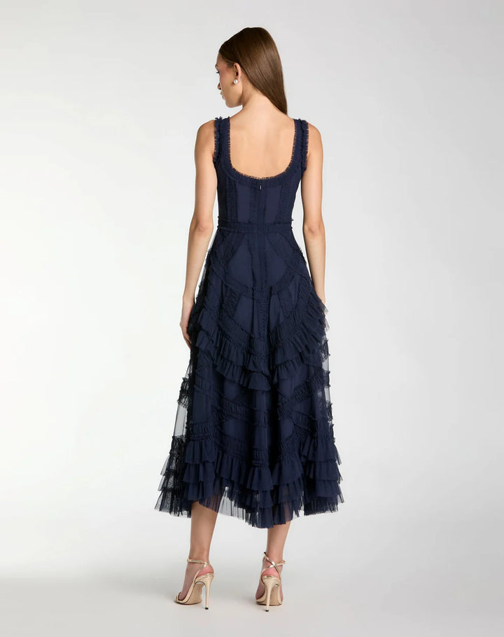 Mac Duggal 8250 Scoop Neck Sleeveless A-Line Ruffle Midi Dress