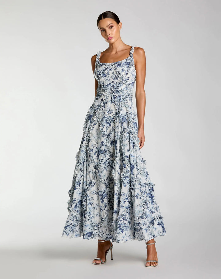 Blue and White Ruffle Scoop Neck Floral A-Line Dress - FOSTANI.com