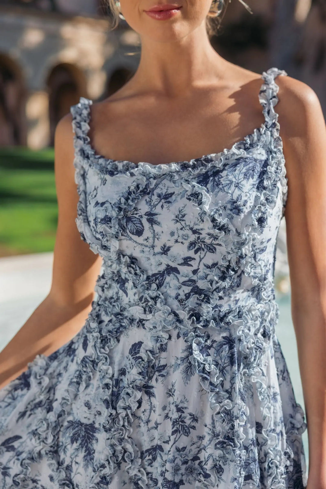 Blue and White Ruffle Scoop Neck Floral A-Line Dress - FOSTANI.com