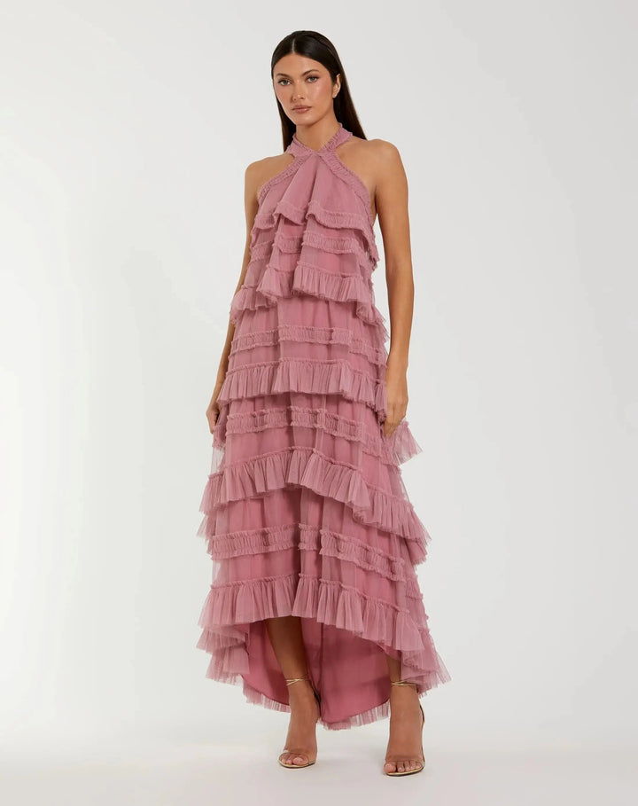 Pink Tiered Ruffle Halter Neck Midi Dress - FOSTANI.com