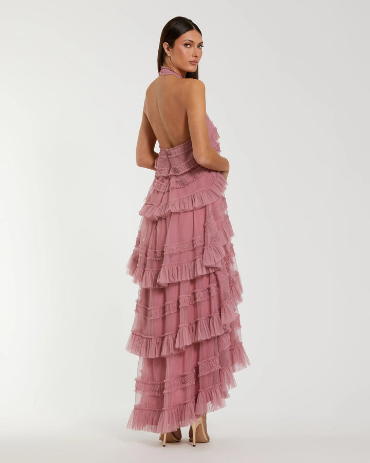 Pink Tiered Ruffle Halter Neck Midi Dress - FOSTANI.com