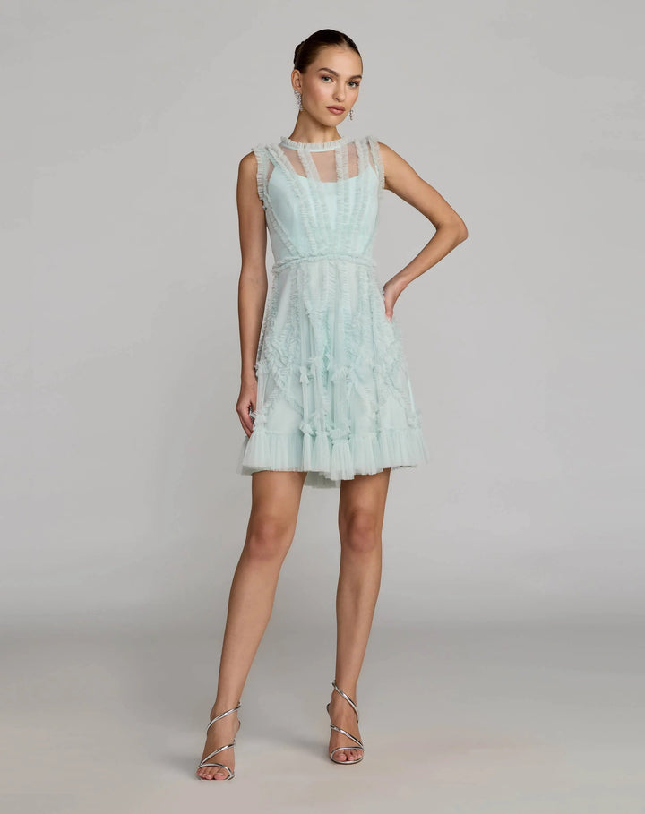 Light Blue High Neck Sleeveless Micro Ruffle Mini Dress - FOSTANI.com