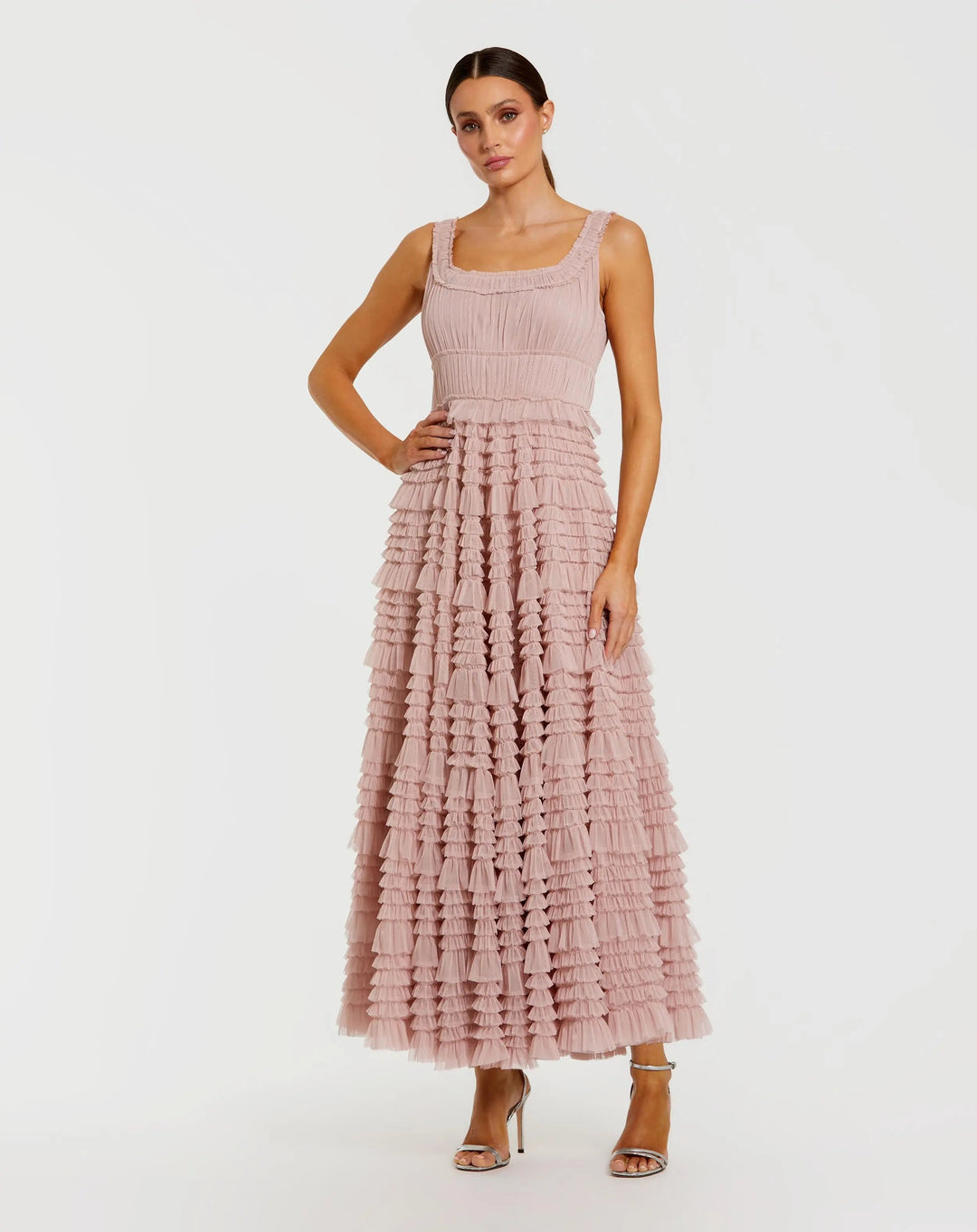 Mac Duggal 8292 Pink Micro Ruffle Sleeveless Scoop Neck Maxi Dress - FOSTANI.com