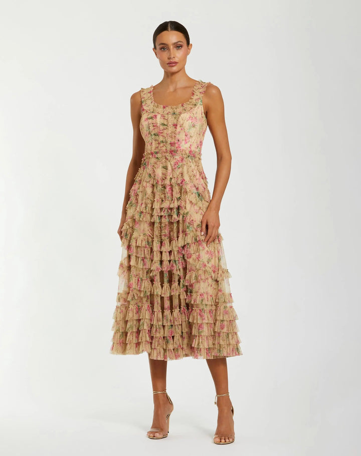 Beige Floral Printed Sleeveless Ruffle Midi Dress - FOSTANI.com
