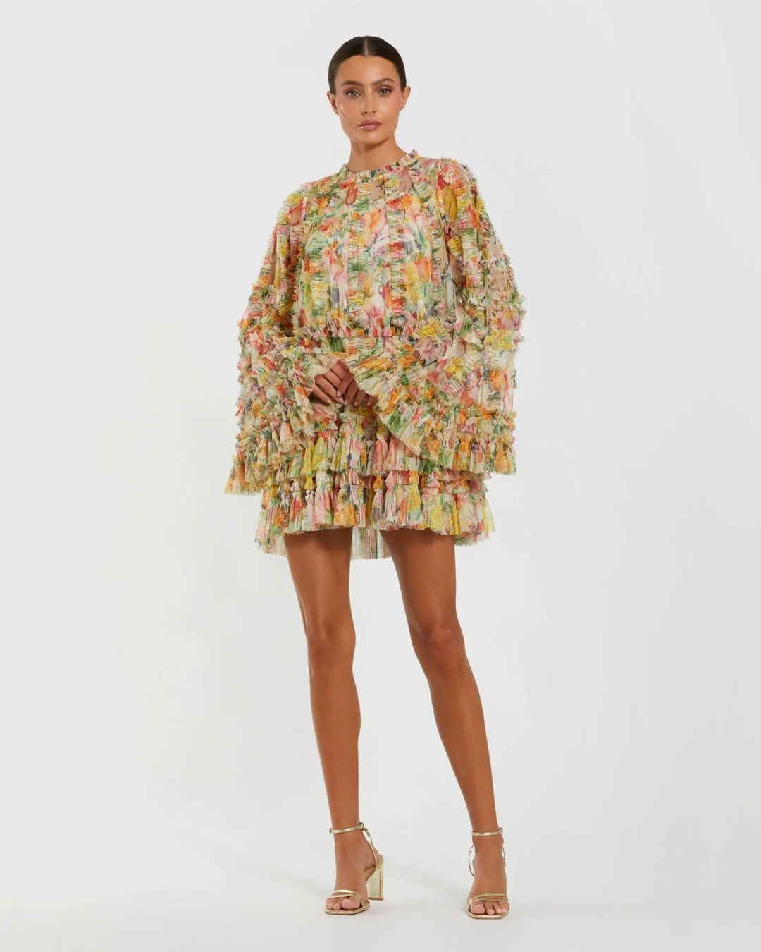 Mac Duggal 8300 Printed Mesh Ruffle High Neck Mini Dress