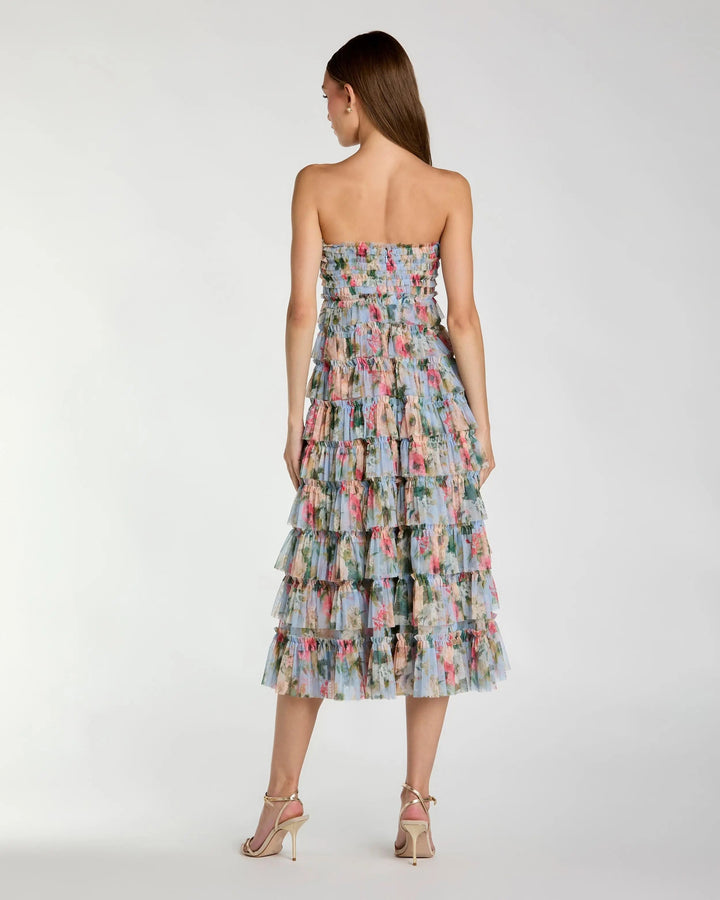 Blue Floral Strapless Ruffle Maxi Dress - FOSTANI.com