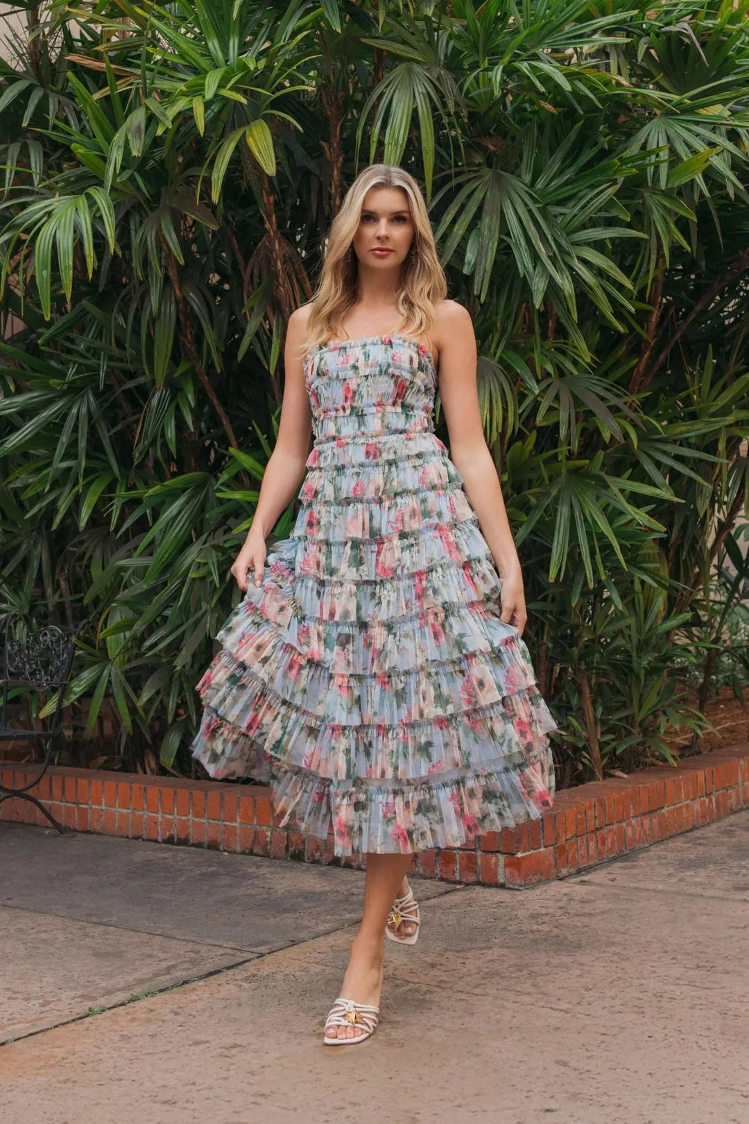 Blue Floral Strapless Ruffle Maxi Dress - FOSTANI.com