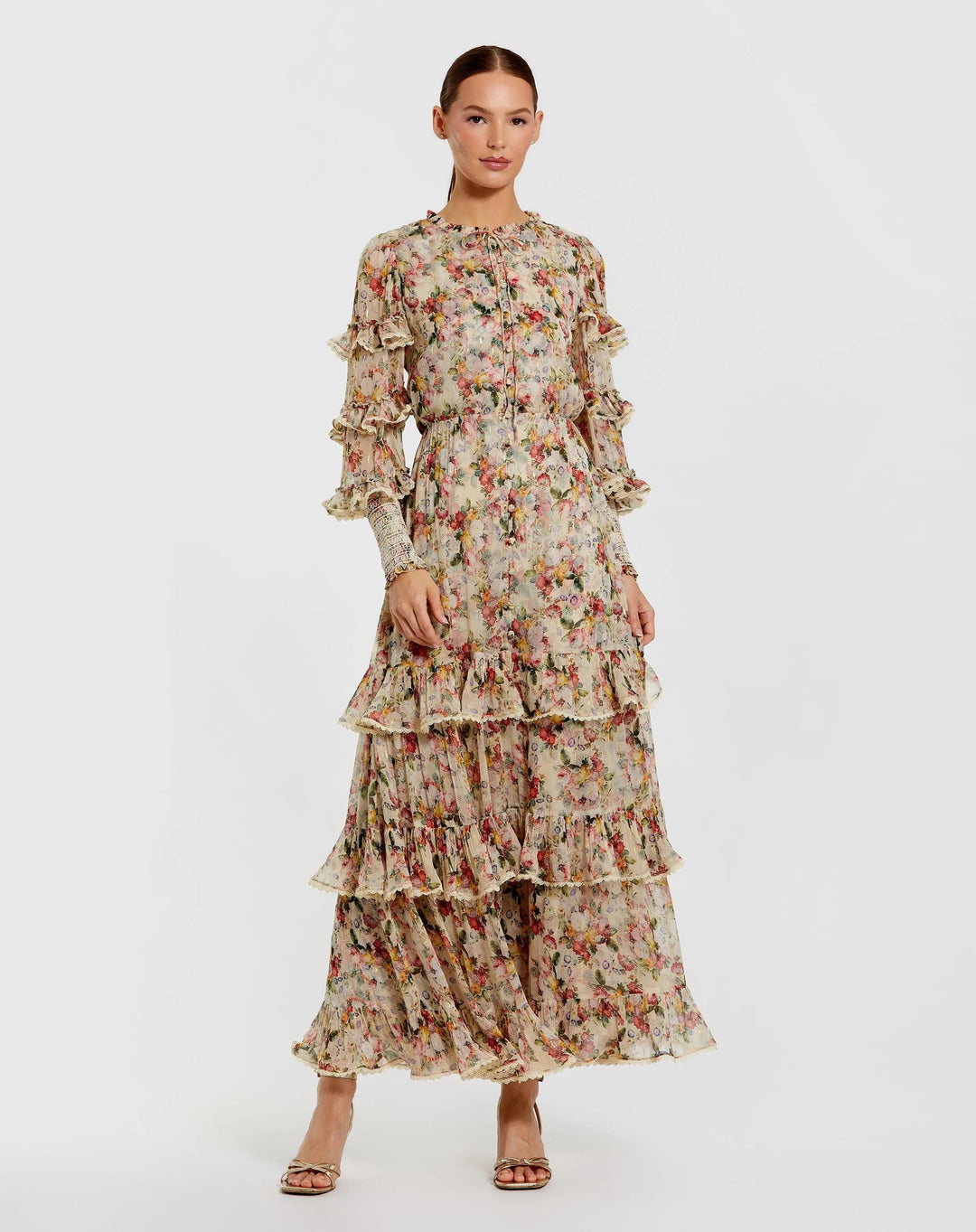 Mac Duggal 8334 Floral Tiered Ruffle Midi Dress with Long Sleeves