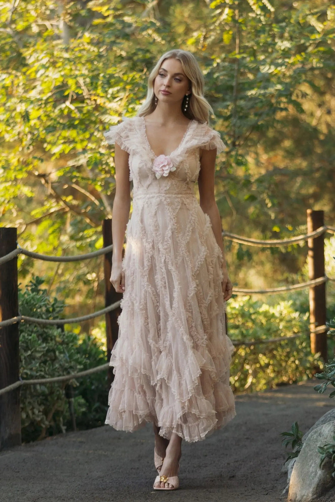 Pink Micro Ruffle Cap Sleeve A-Line Midi Dress - FOSTANI.com
