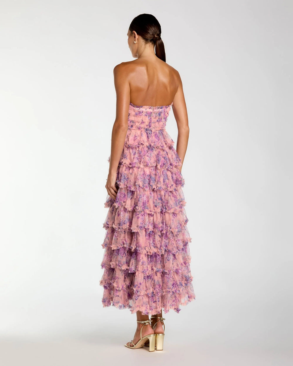 Pink Floral Ruffle Tiered Strapless Midi Dress - FOSTANI.com