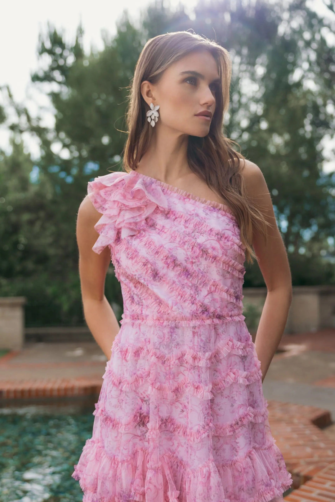 Pink Printed One Shoulder Ruffled A Line Midi Dress - FOSTANI.com