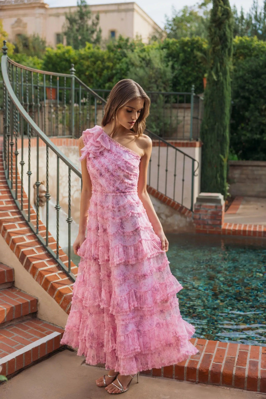 Pink Printed One Shoulder Ruffled A Line Midi Dress - FOSTANI.com