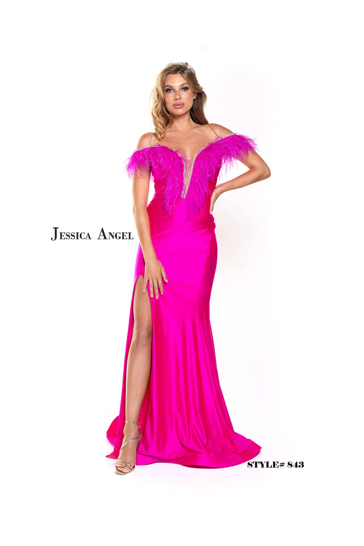 Jessica Angel 843 off shoulder feather trim gown front view