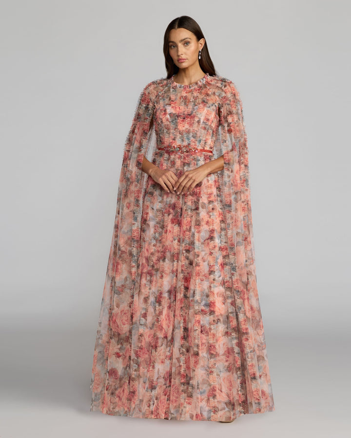 Mac Duggal 8431 Floral High Neck Cape Sleeve Ruffle Gown