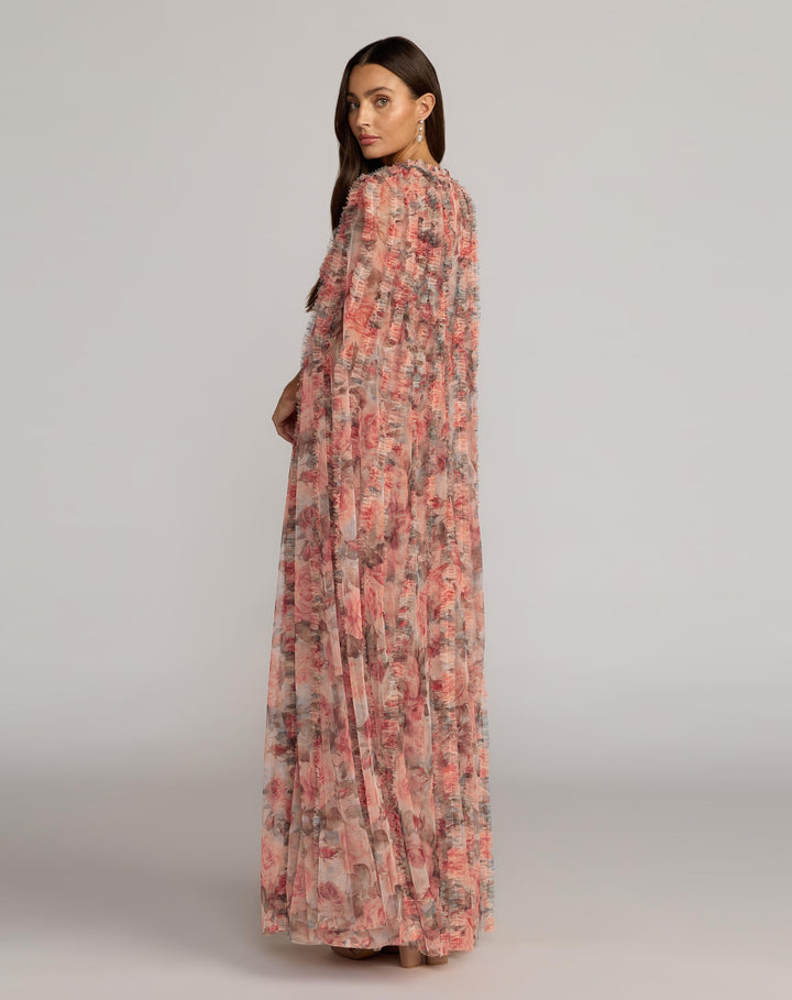 Mac Duggal 8431 Floral High Neck Cape Sleeve Ruffle Gown