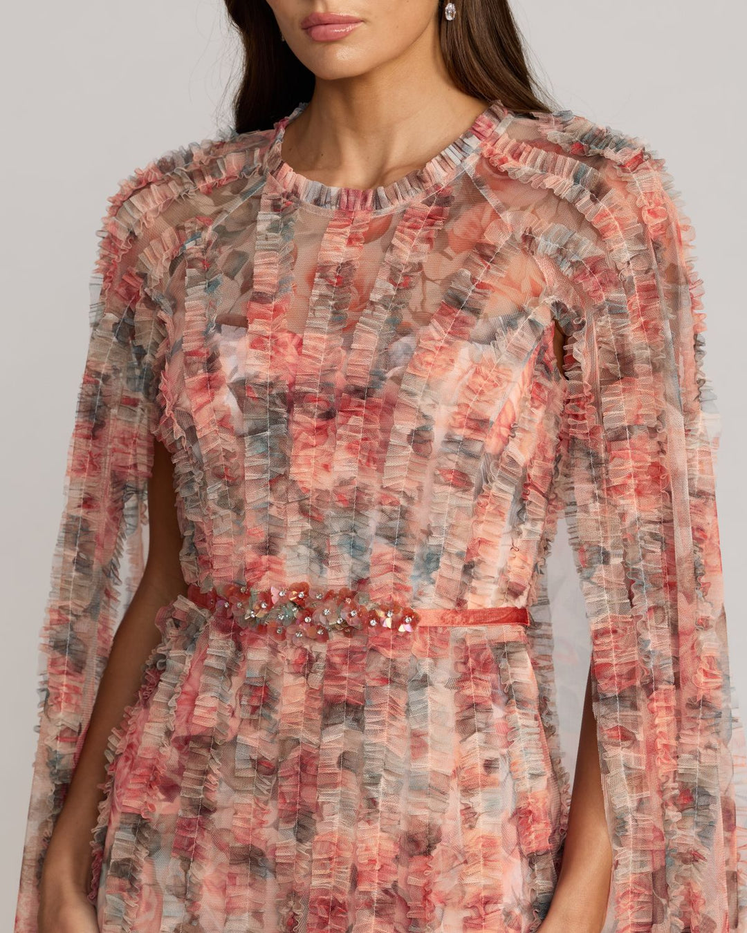 Mac Duggal 8431 Floral High Neck Cape Sleeve Ruffle Gown