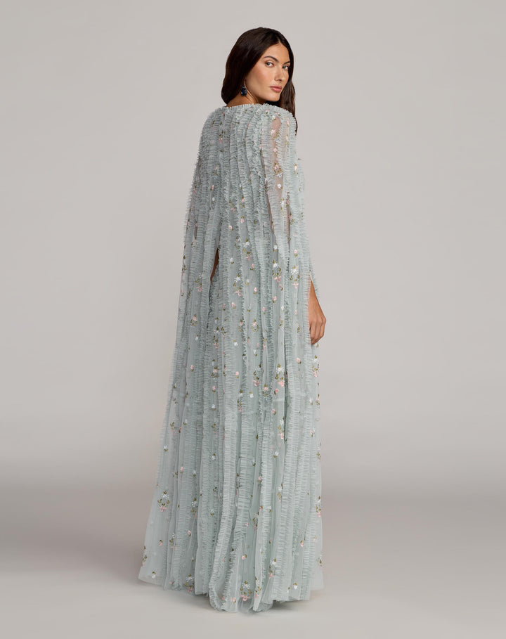 Mac Duggal 8444 Blue Embroidered High Neck Cape Sleeve Gown