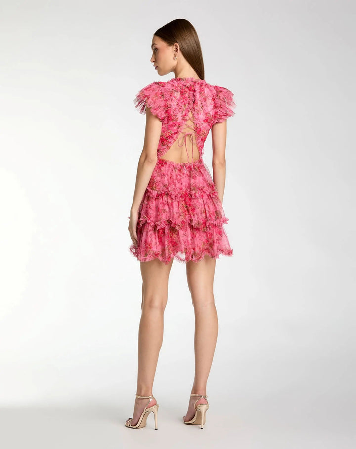 Pink Floral High Neck Cap Sleeve Ruffle Mini Dress - FOSTANI.com