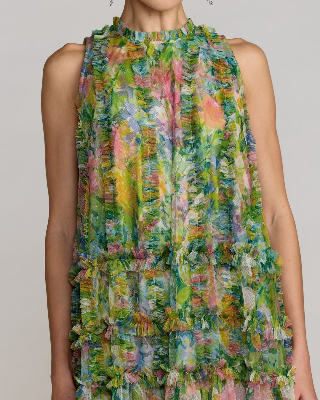 Green Printed Sleeveless High Neck Ruffle Mini Dress - FOSTANI.com