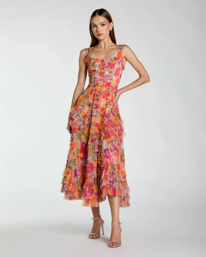Multicolor Floral Scoop Neck A-Line Ruffle Midi Dress - FOSTANI.com