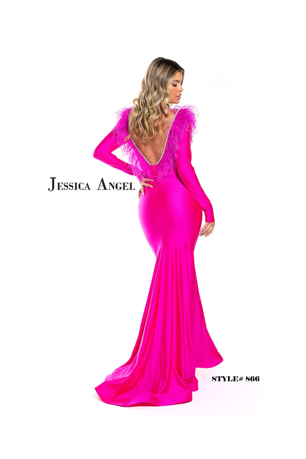 Jessica Angel 866 low v back feather mermaid gown back view
