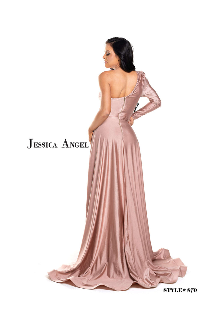 Jessica Angel 870 single sleeve draped gown back view