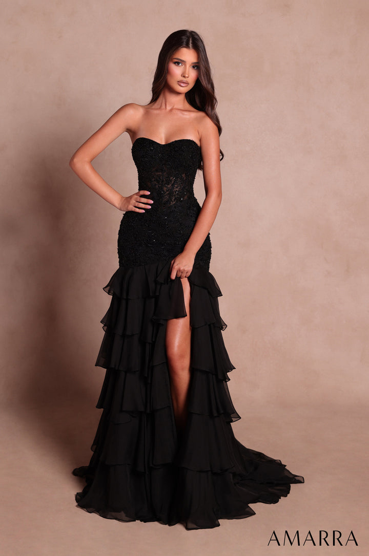 Amarra 89631 black beaded lace corset mermaid gown with tiered ruffle skirt - front view