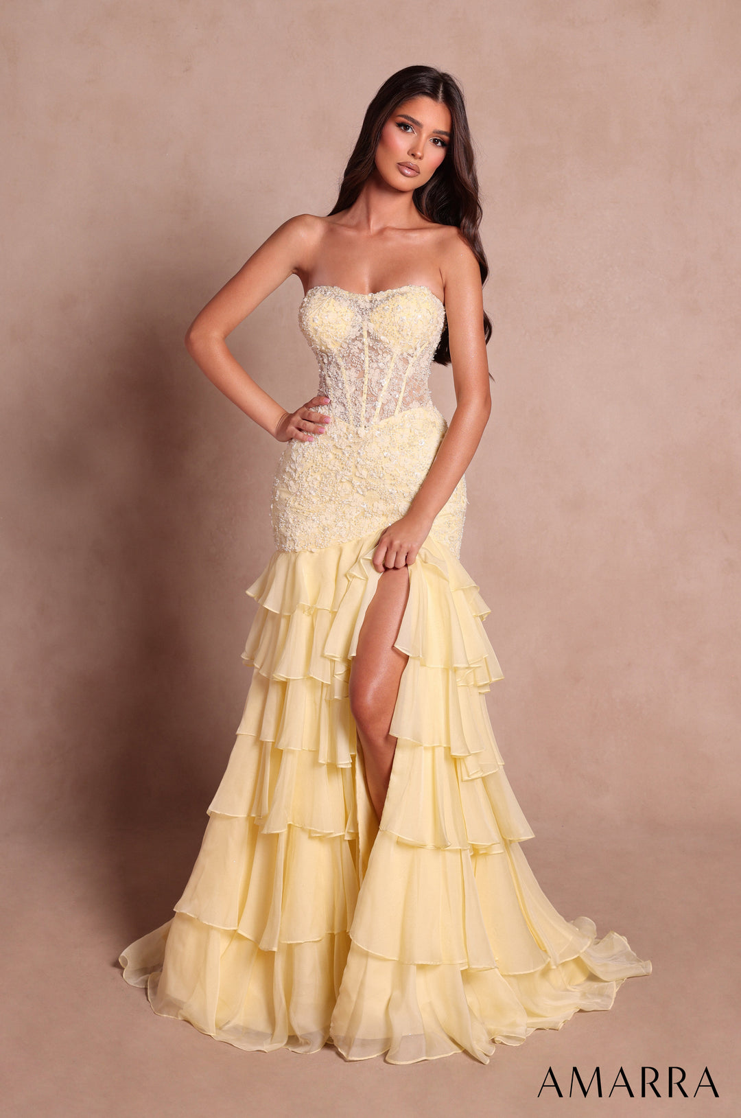 Amarra 89631 light yellow beaded lace corset mermaid gown with tiered ruffle skirt - front view