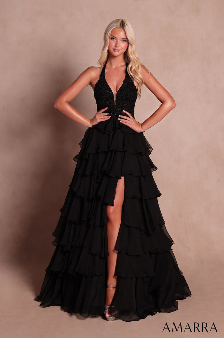 Amarra 89633 black halter beaded lace gown with tiered chiffon ruffle skirt - front view
