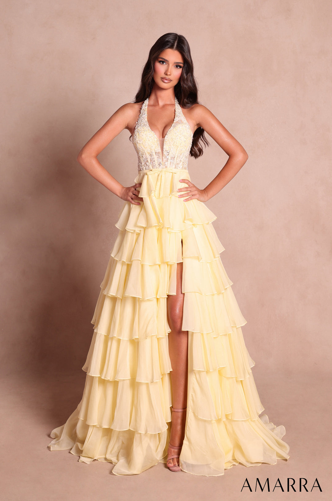 Amarra 89633 light yellow halter beaded lace gown with tiered chiffon ruffle skirt - front view