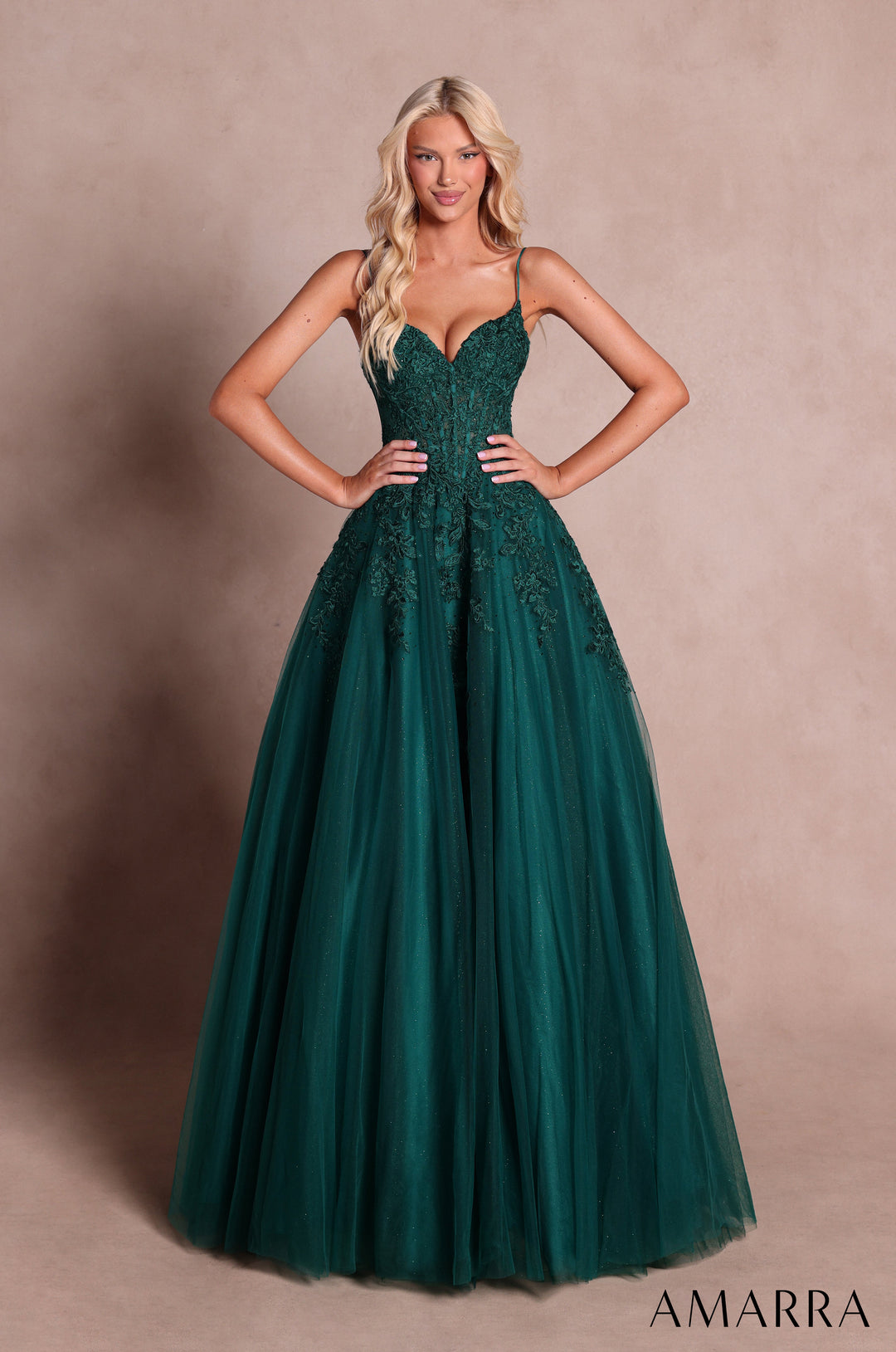 Amarra 89682 Emerald floral lace corset tulle ball gown, front view
