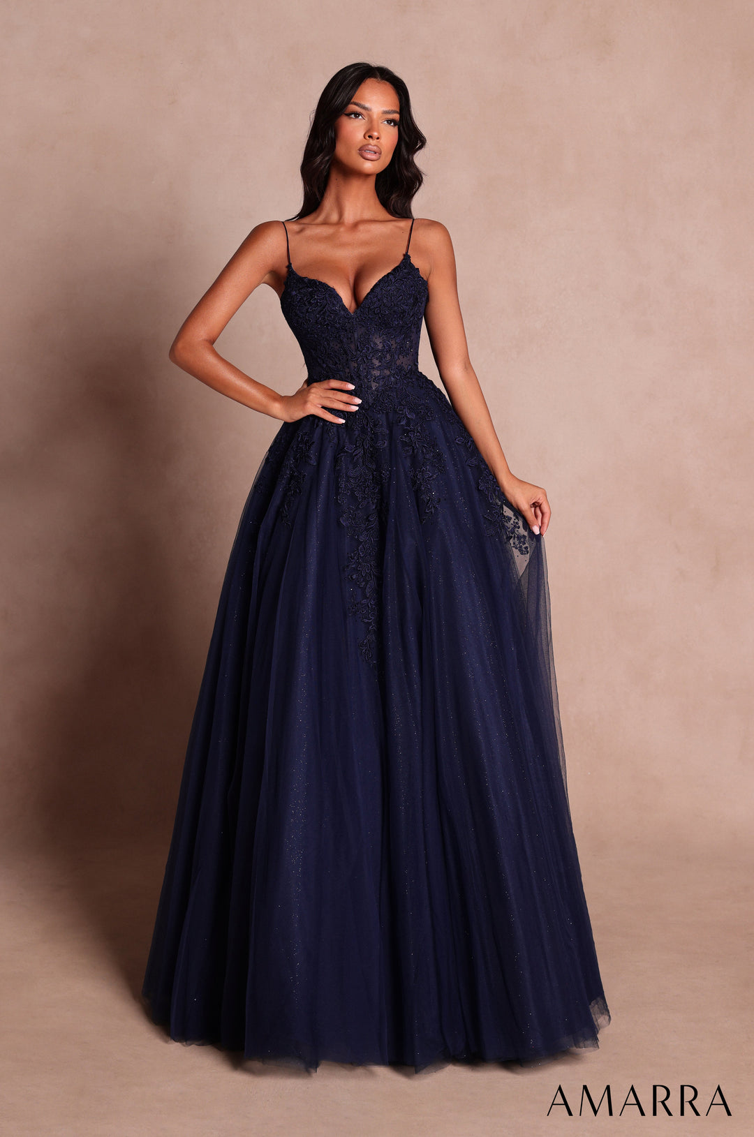 Amarra 89682 Navy floral lace corset tulle ball gown, front view
