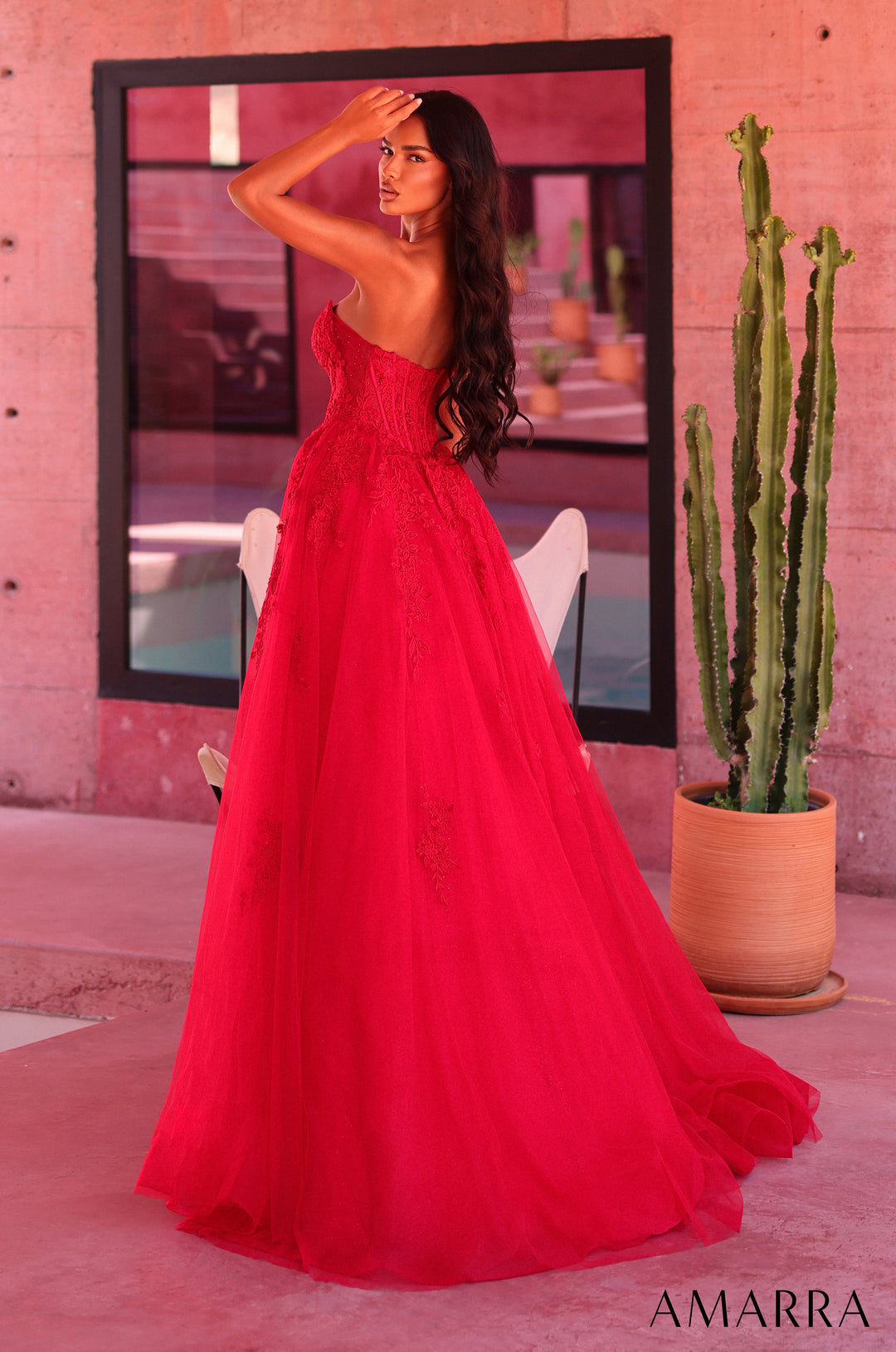 Amarra 89684 Red floral lace corset tulle A-line gown, back view