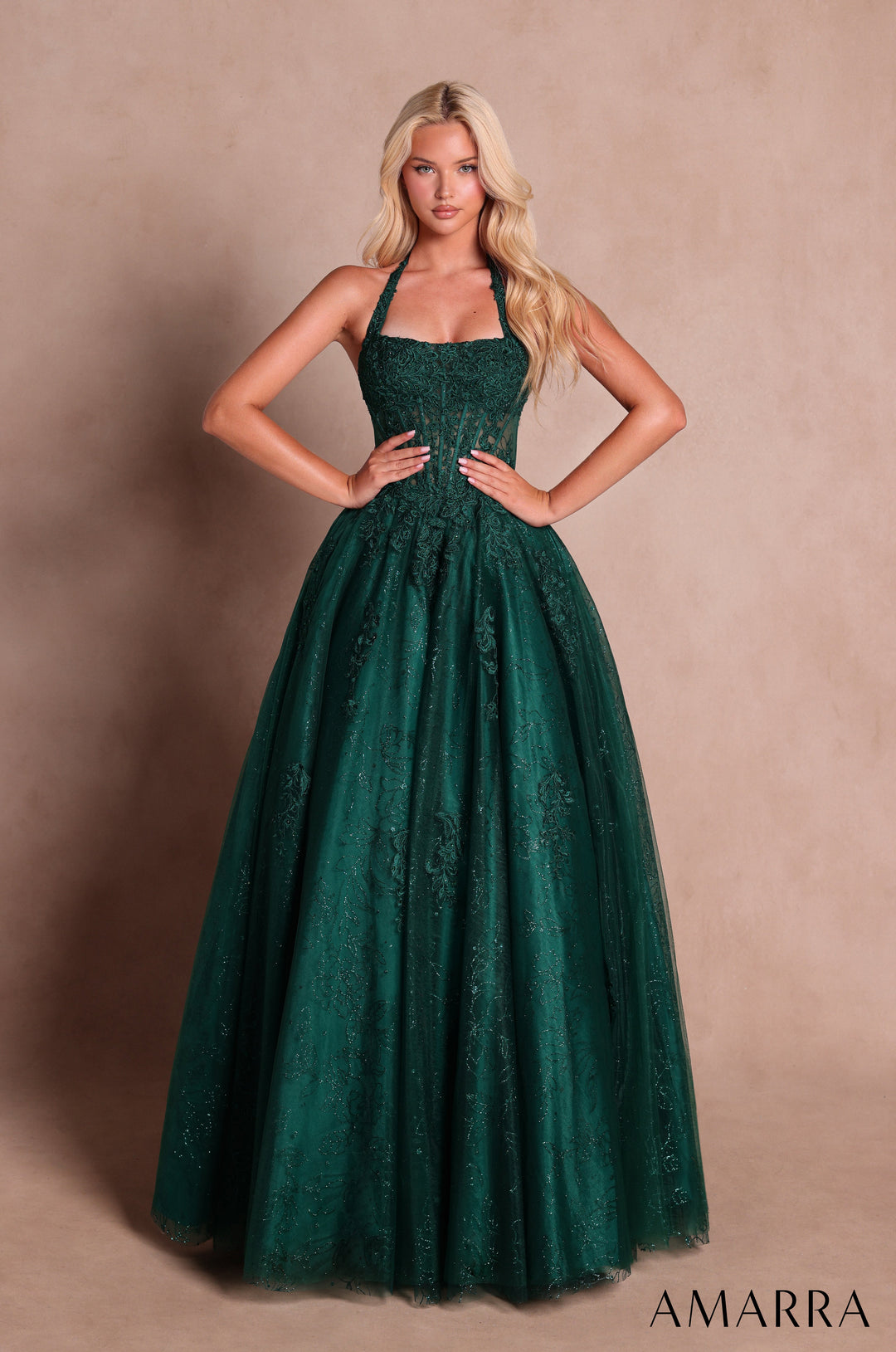 Amarra 89685 Emerald floral lace halter corset tulle ball gown, front view