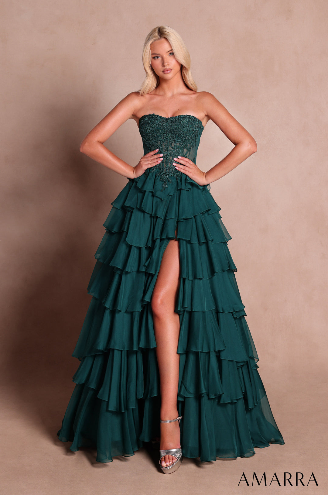 Amarra 89687 Emerald beaded lace corset tiered chiffon ruffle gown with high slit, front view
