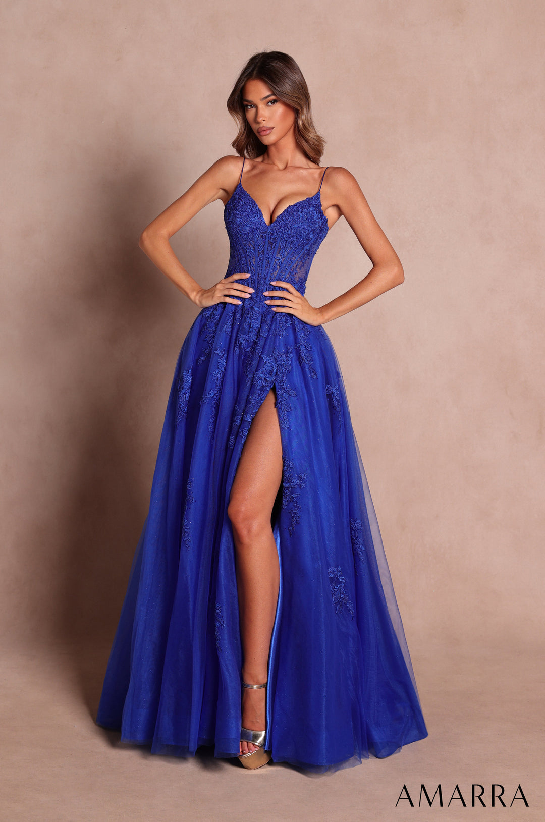 Amarra 89693 Royal Blue floral lace corset tulle A-line gown with high slit, front view