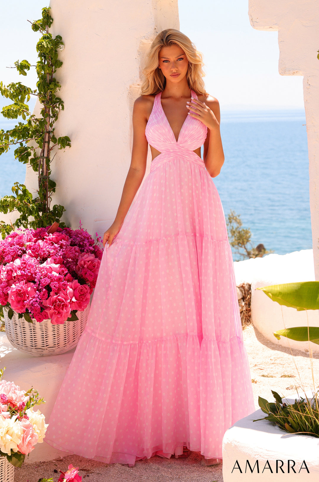 Amarra 89730 Light Pink polka dot chiffon halter tiered gown, front view