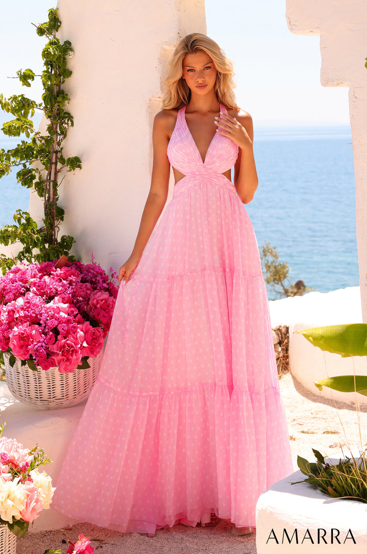 Amarra 89730 Light Pink polka dot chiffon halter tiered gown, front view