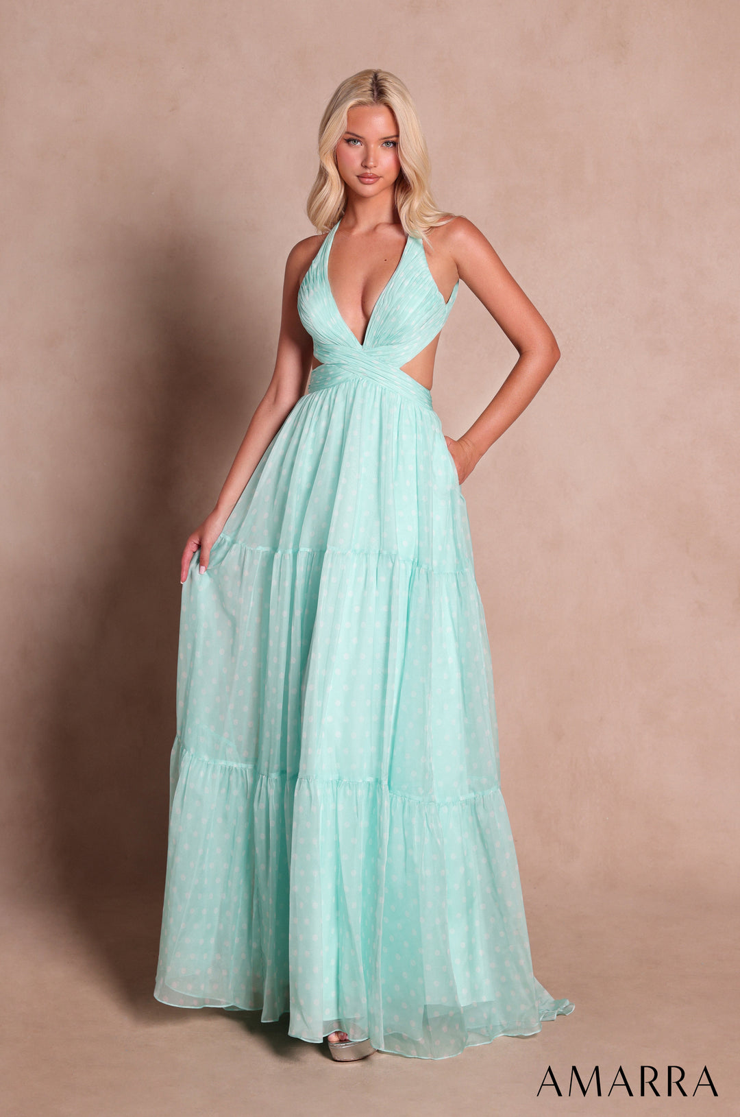 Amarra 89730 Mint polka dot chiffon halter tiered gown, front view