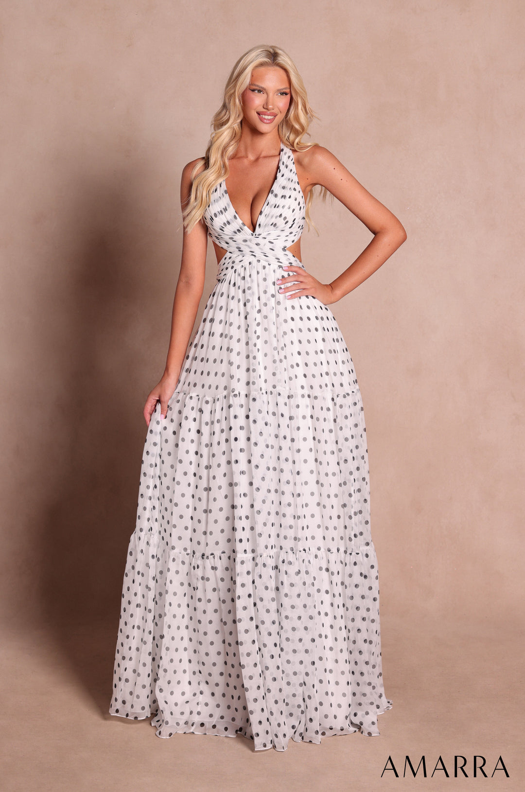 Amarra 89730 White and Black polka dot chiffon halter tiered gown, front view