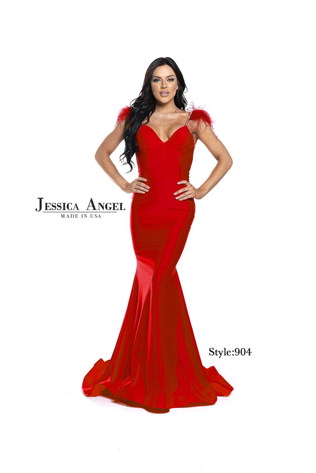 Jessica Angel 904 feather shoulder mermaid gown front view 2