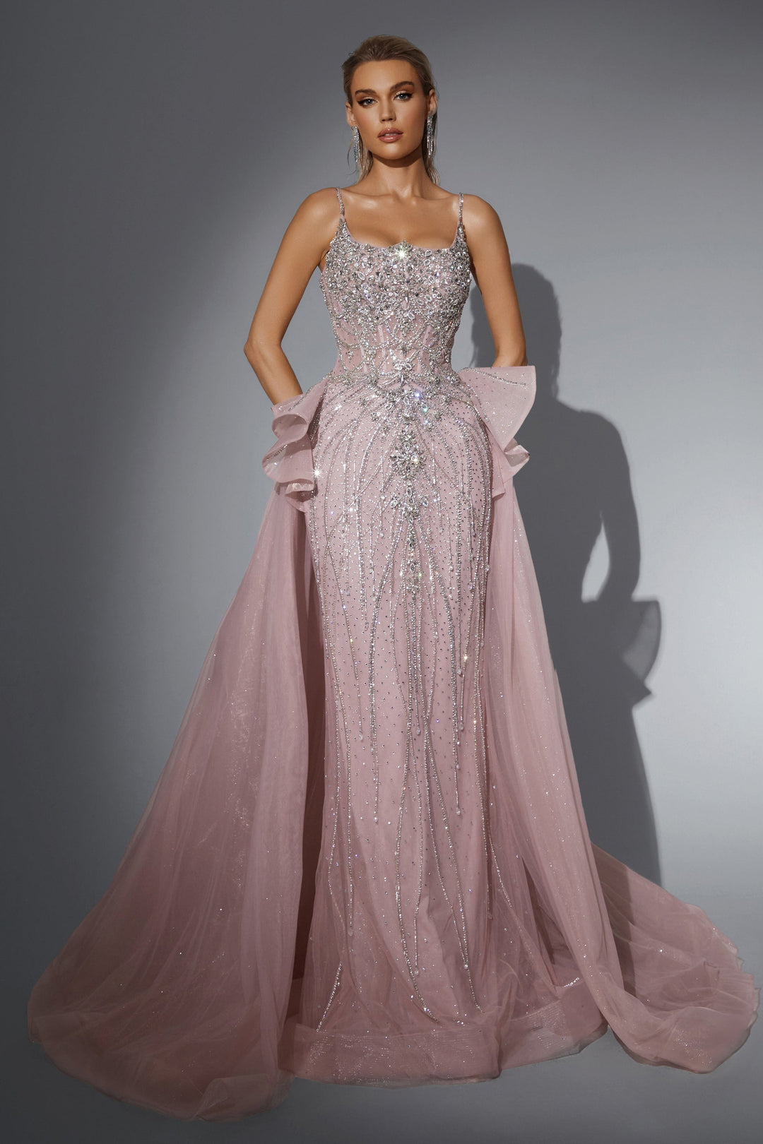 Delilah HM328 Spaghetti Strap Beaded Mermaid Gown with Ruffled Hip Overskirt - Pink front view