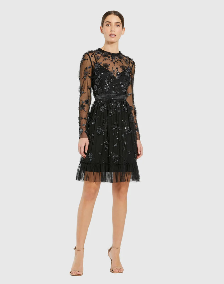 Mac Duggal 9140 Sheer Long Sleeve Embellished Mini Dress